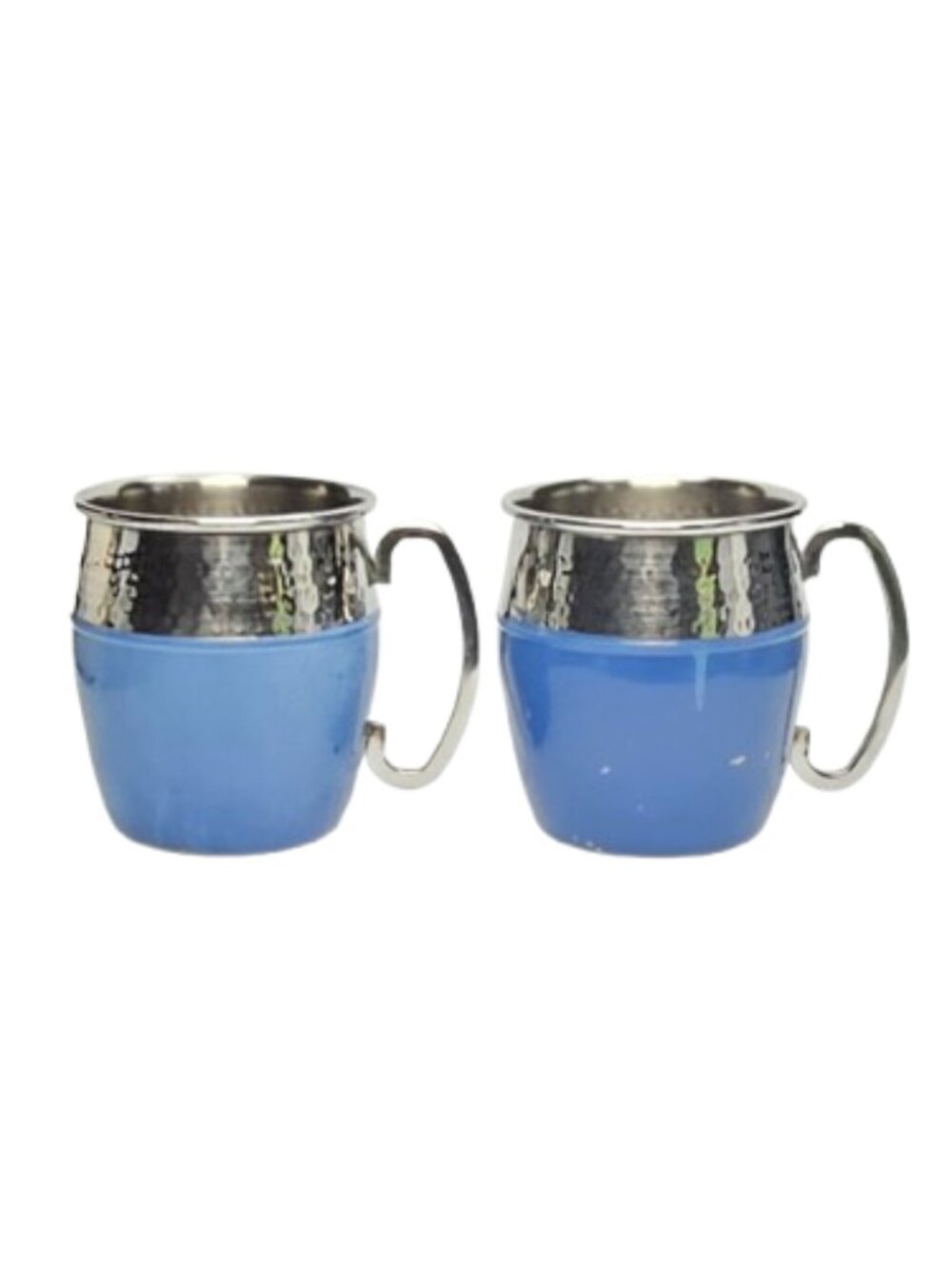 Set of 2 Blue Hammered Stainless Steel Mugs Coffee Tea Cups Barrel Style